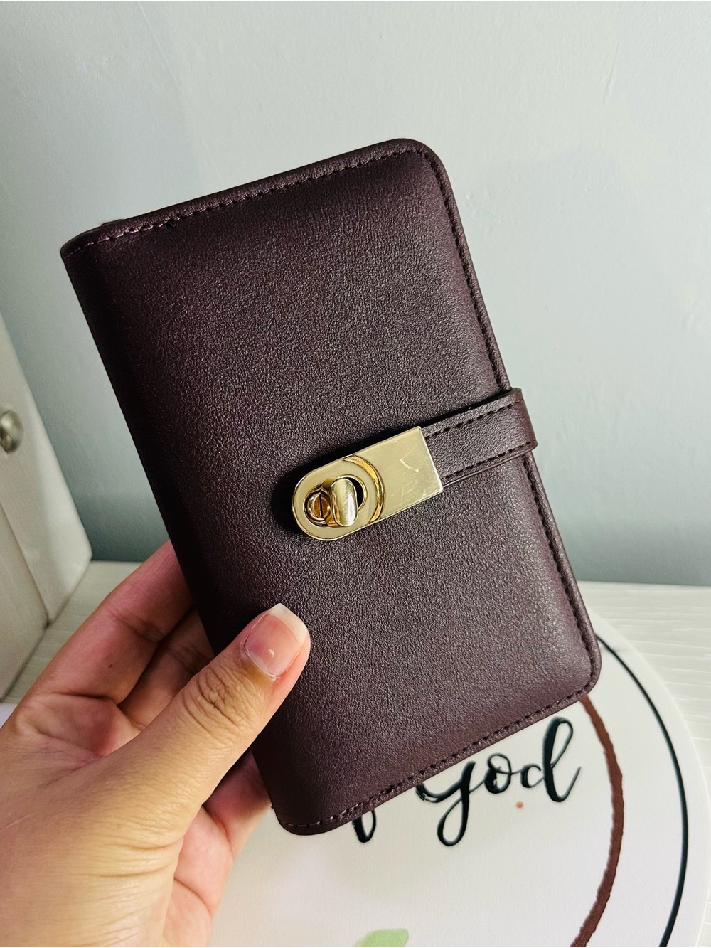 Compact Brown Faux Leather Wallet with Gold Turn-Lock